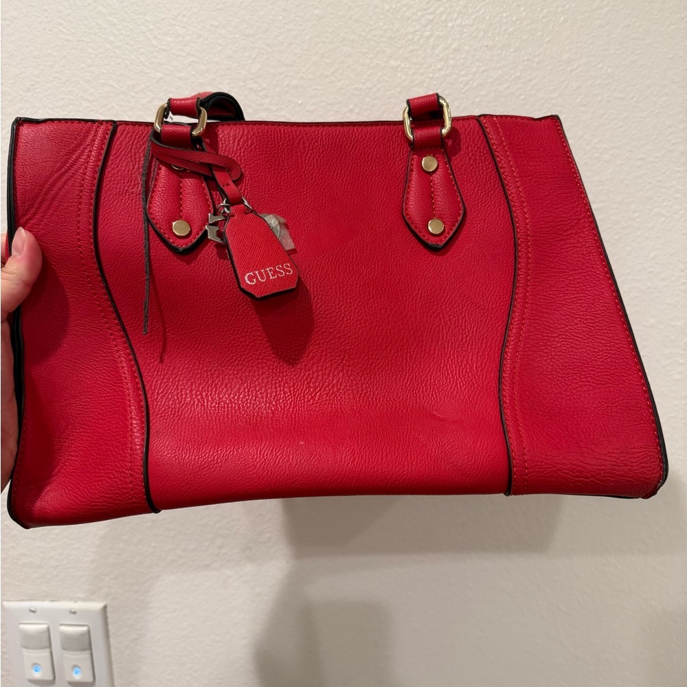 Guess Red Leather Tote Bag with Silver Accents